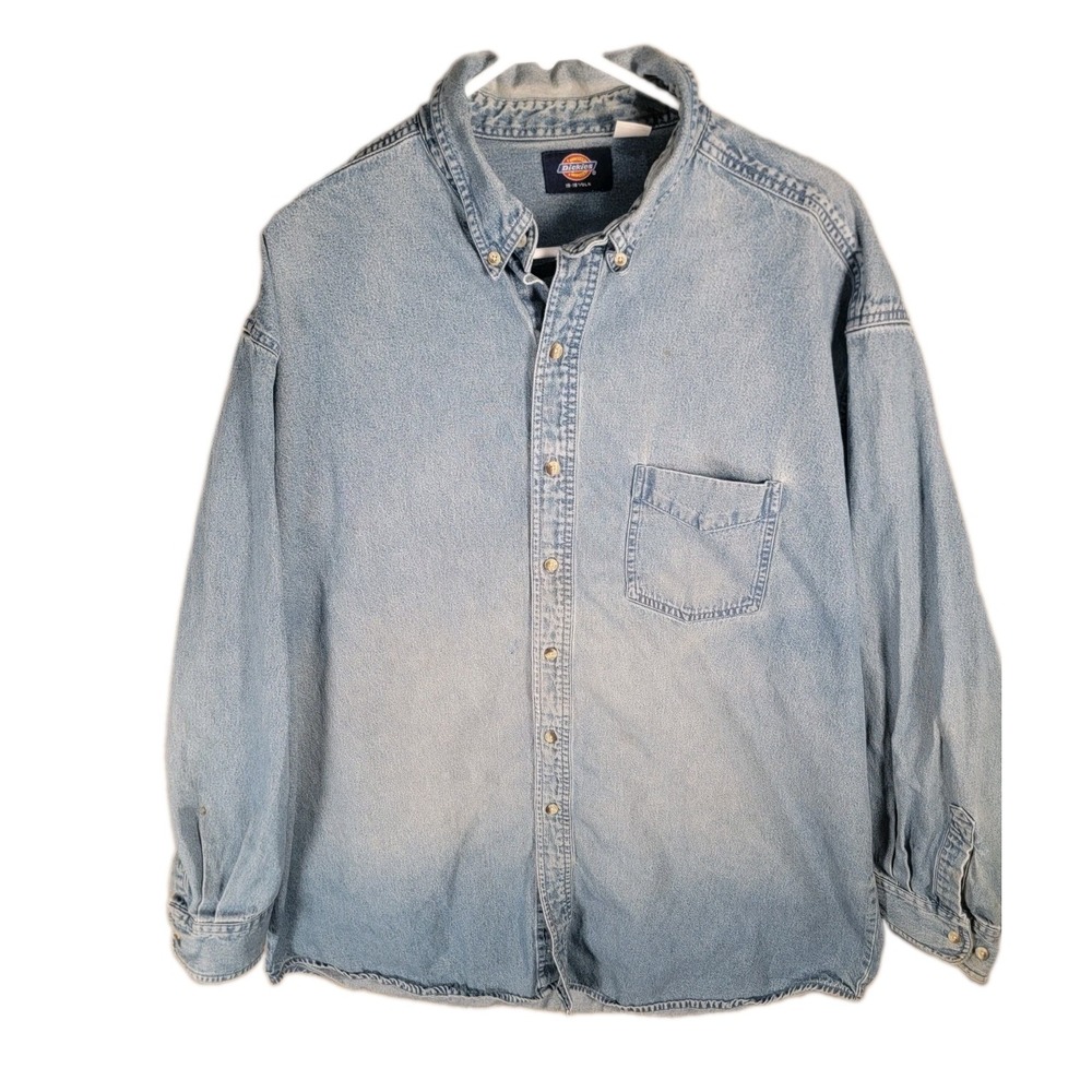 Dickies Denim Shirt Mens 2XL Tall Blue Cotton Workwear Barncore Cabincore Heavy
